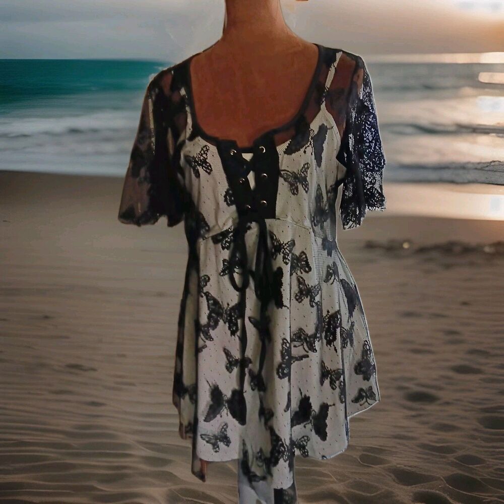 Y2K Whimsigoth Corset Style Butterfly Tunic Mesh Overlay Fairy Top Sz Large Boho